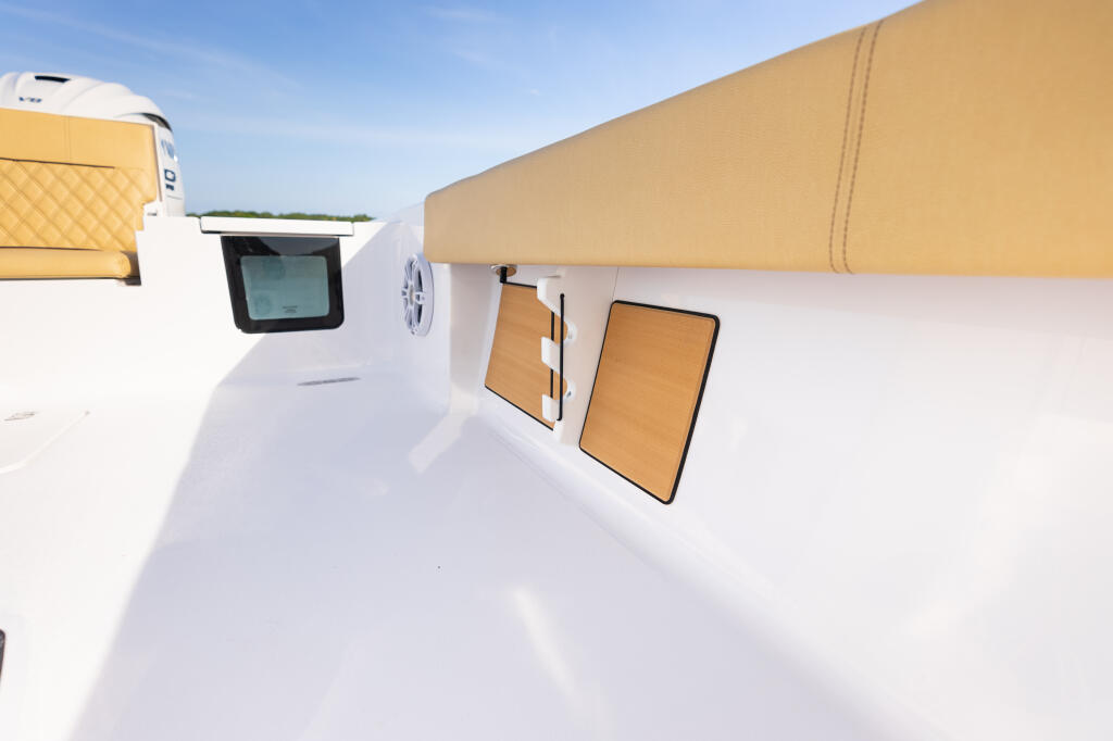 Boat's starboard gunwale showing tan hard-top, storage compartments with wood trim, and electronics display window