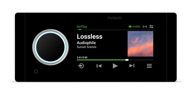 Fusion RA800 marine stereo display showing AirPlay audio playback of sunset-themed music
