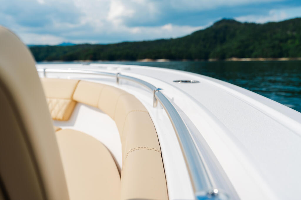 Cream-colored boat seating and white hull alongside a forested lake shoreline under blue sky