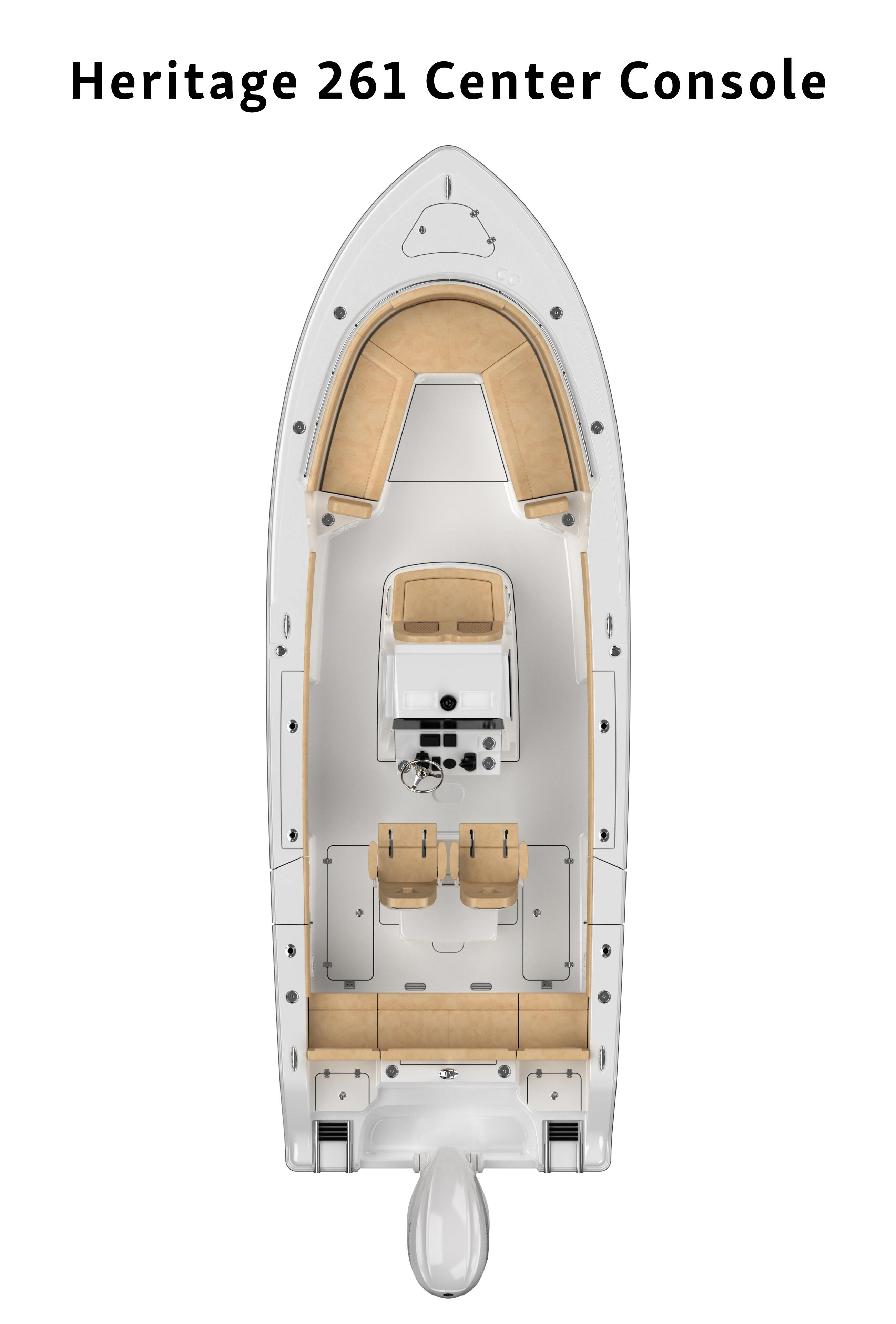 Overhead view of Heritage 261 Center Console boat showing helm, seating, and layout
