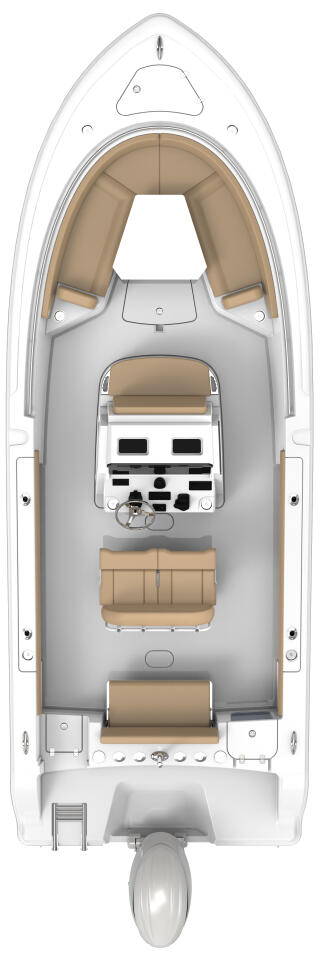 Overhead deck layout of center console boat showing helm, dual helm seats, bow seating, and storage areas