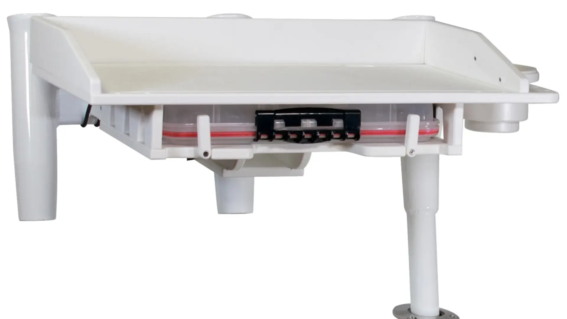 White marine-grade rod holder with triple offset configuration and rigging tray, showing integrated electronics circuit board