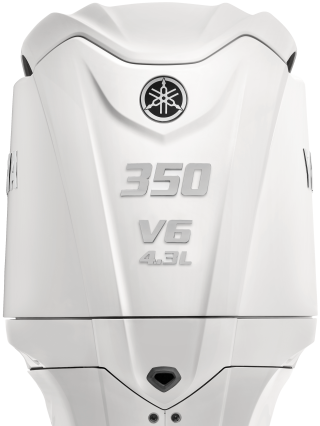 Yamaha 350 V6 4.3L outboard engine with white cowling and logo detail, front view