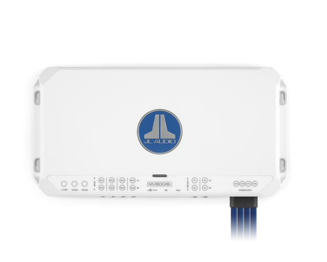 JL Audio MV800/8i eight-channel marine amplifier with white housing and blue logo, viewed from above