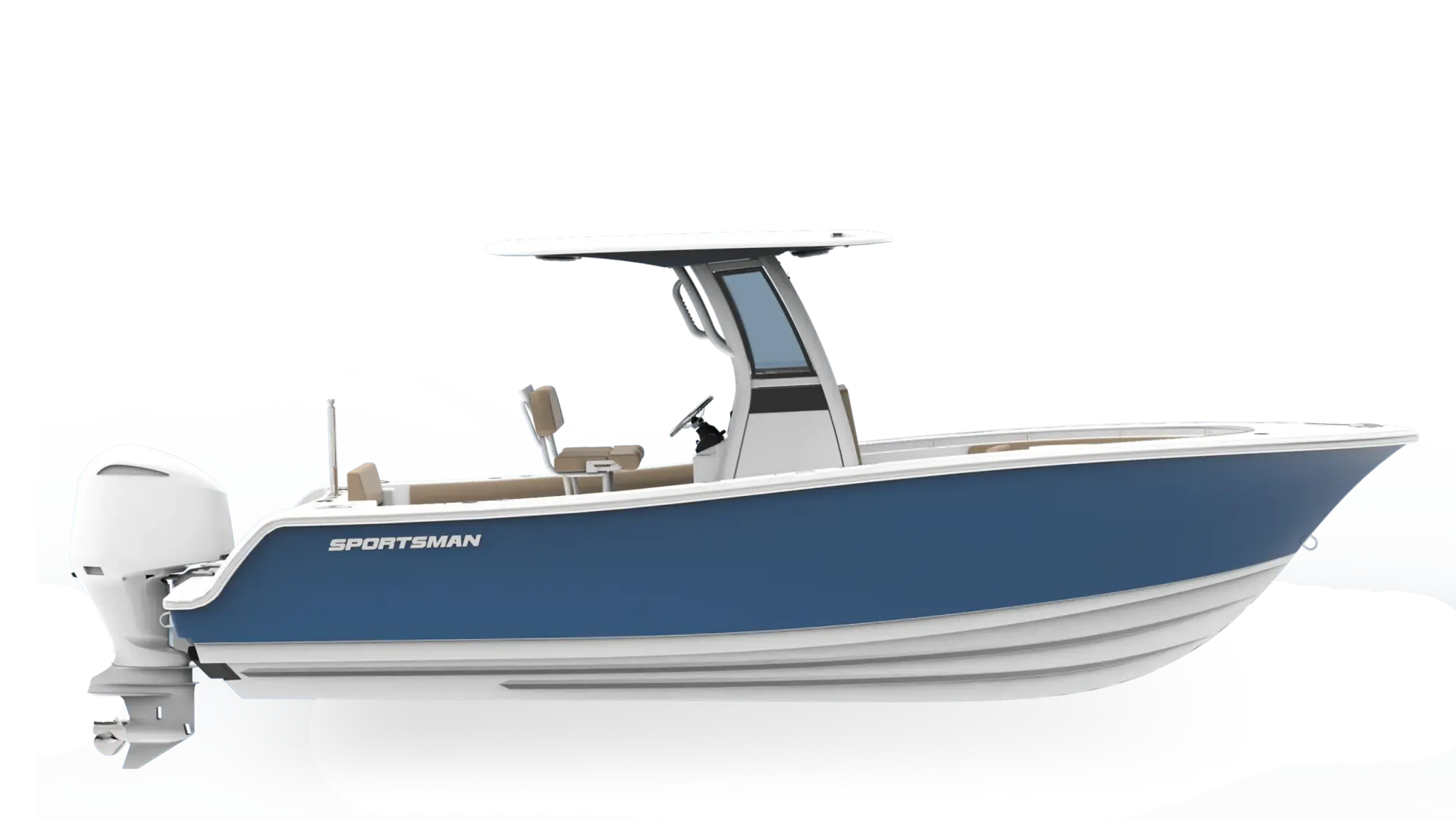 Sportsman center console boat with blue hull, hard-top canopy, tan seating, and white outboard engine on white background