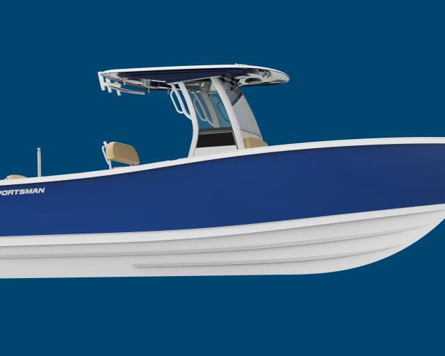 Sportsman center console fishing boat with hard-top, white and navy hull, and outboard engine against blue background