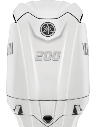 White Yamaha F200 outboard engine with tuning fork logo and vertical ribbed design, overhead view