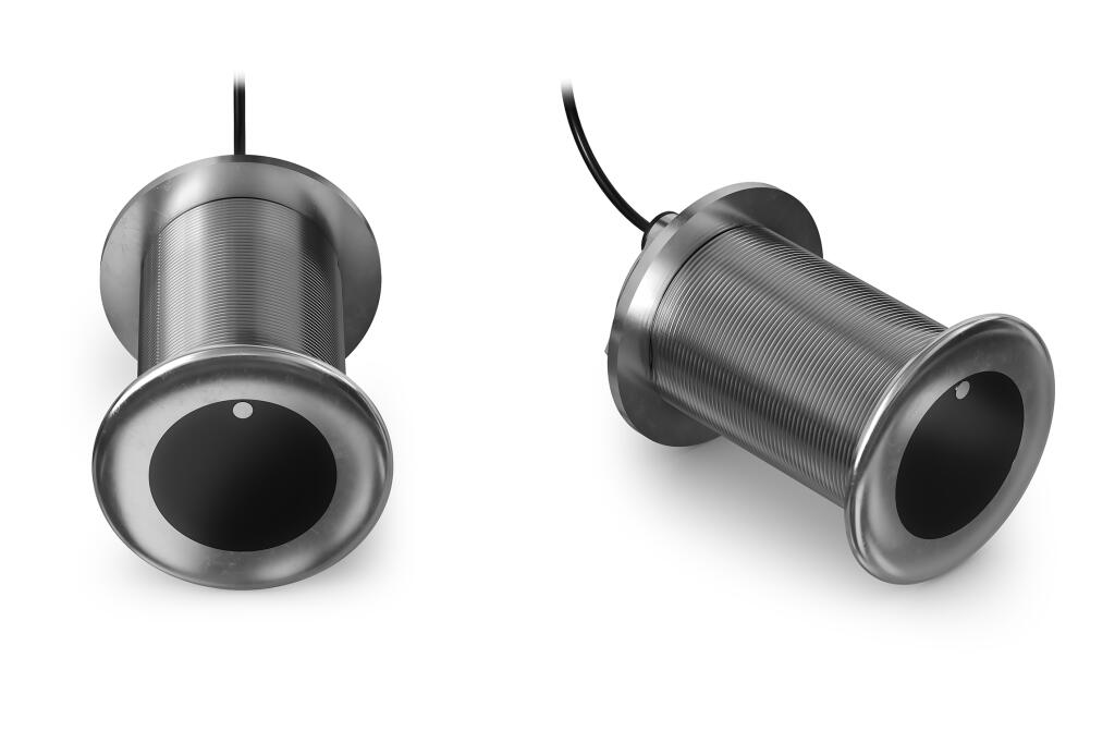 Two angles of a stainless steel through-hull transducer with threaded cylindrical housing and cable connector