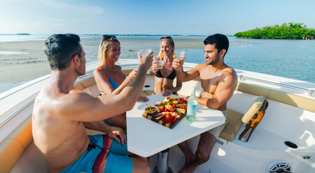 Four friends enjoying drinks and appetizers while relaxing aboard a boat anchored near a sandy beach and mangroves