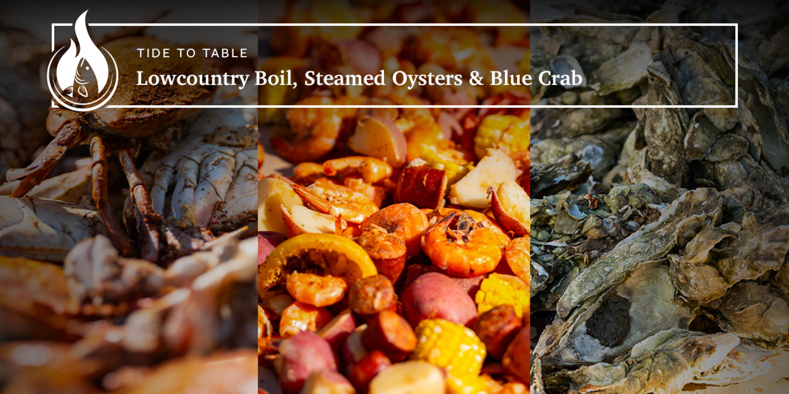 Lowcountry boil featuring steamed oysters, blue crab, and shrimp with corn and potatoes on a beach