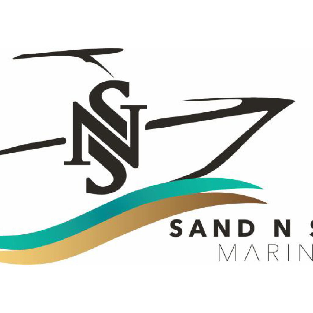 Sand N Sea Marine logo featuring stylized boat with teal and gold wave design