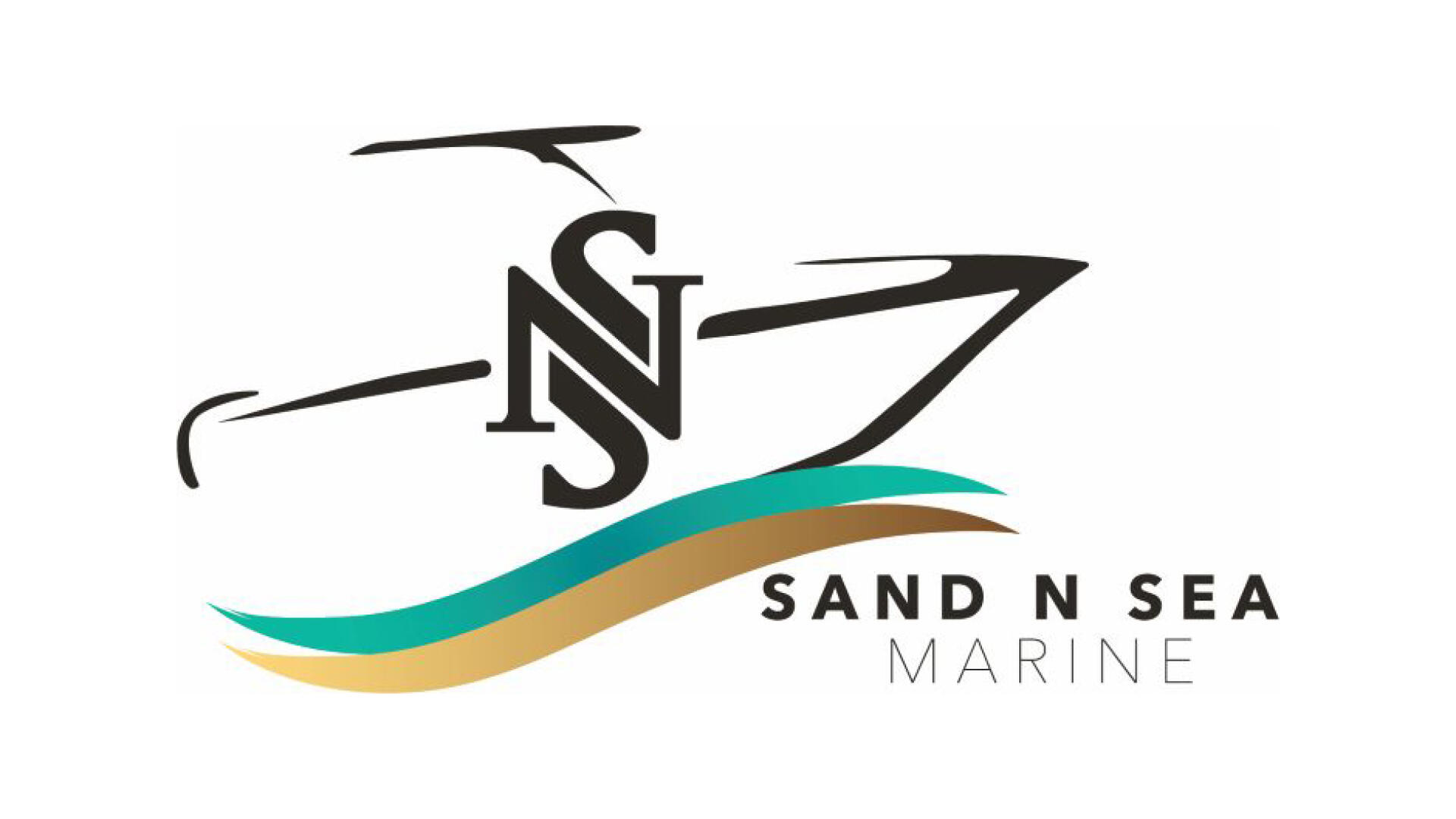 Sand N Sea Marine logo featuring stylized boat with teal and gold wave design