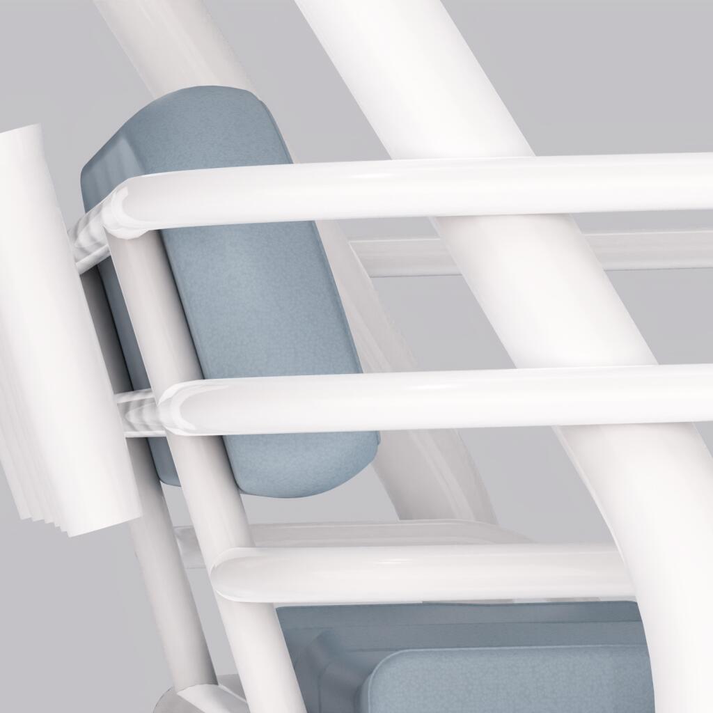 Close-up of white frame and gray cushioned seating on a modern boat interior