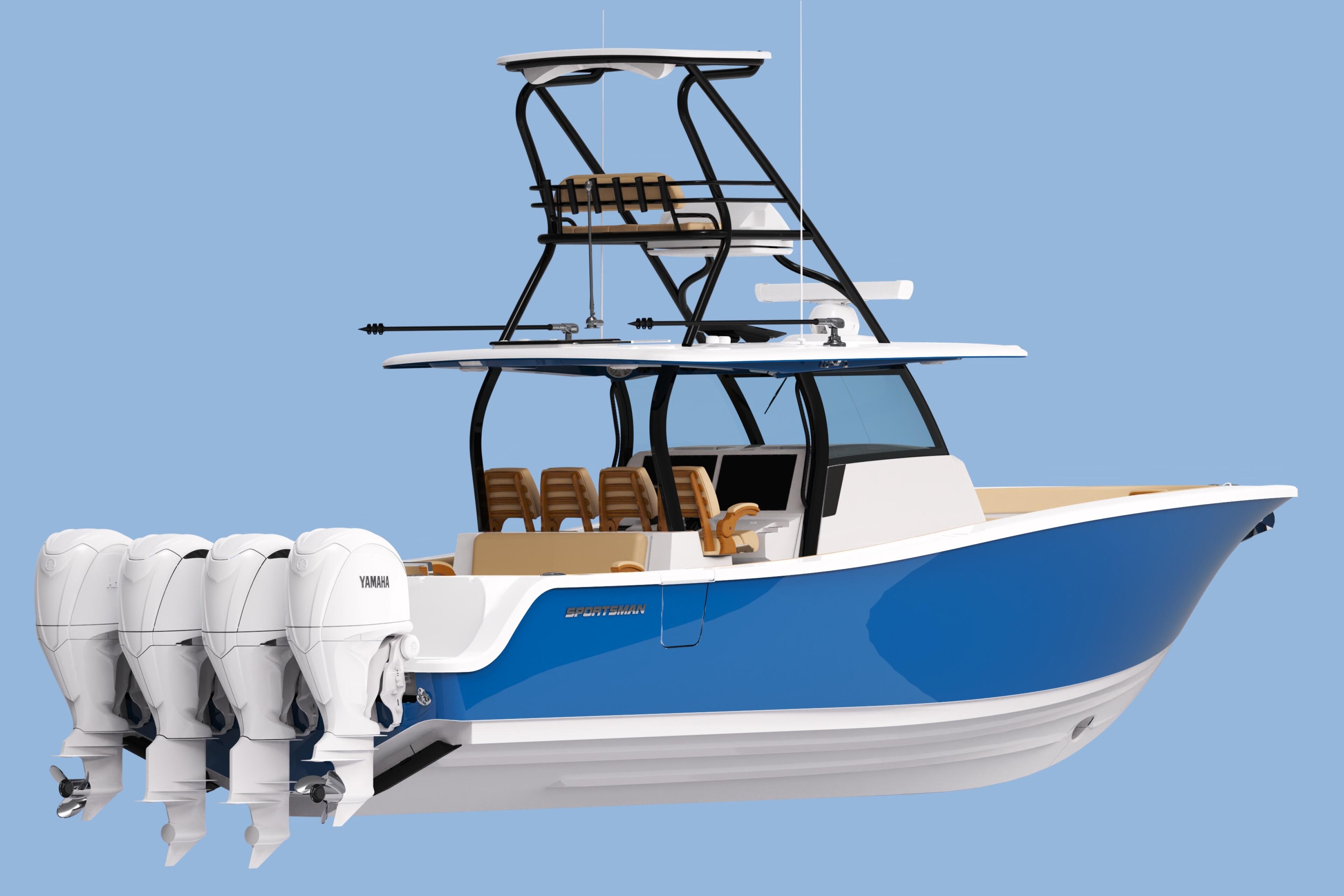 Blue and white fishing boat with triple outboard engines and elevated hard-top against clear sky