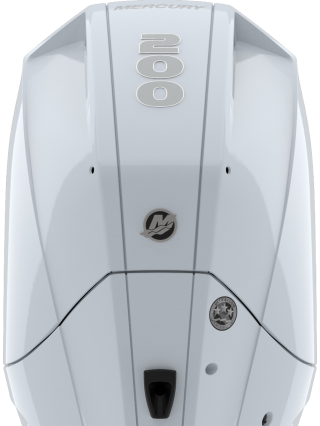 Mercury 200 V6 outboard engine mounted on boat transom, overhead view