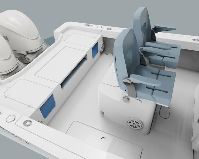 Overhead view of boat console with dual helm seats, dual outboard engines, and steering wheel