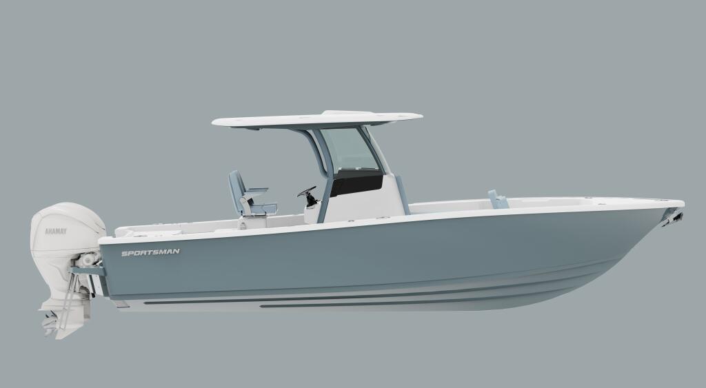 Gray and white center console fishing boat with hard-top canopy and outboard motor on neutral background