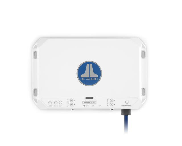 JL Audio MV600/1 white marine amplifier with blue logo and control panel