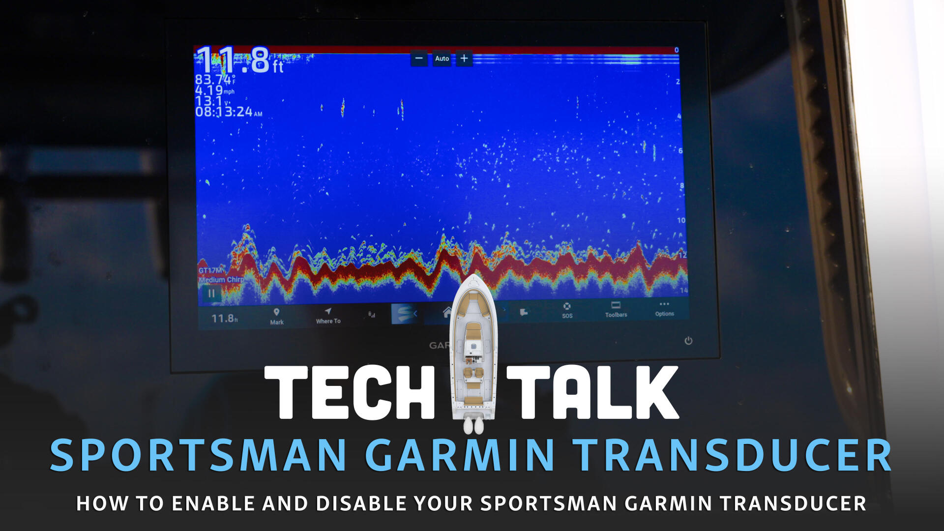 Garmin sonar display showing underwater thermal imaging on a boat electronics screen