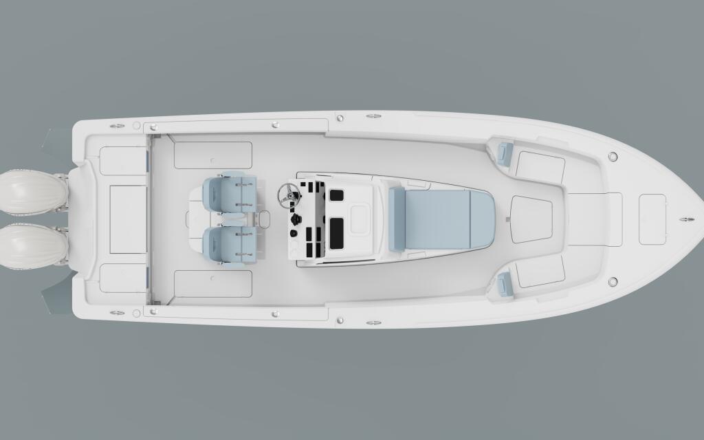 Overhead aerial view of a white bay boat with dual engines, helm station, and multiple seating areas
