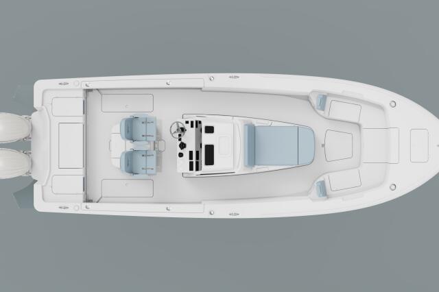 Overhead aerial view of a white bay boat with dual engines, helm station, and multiple seating areas