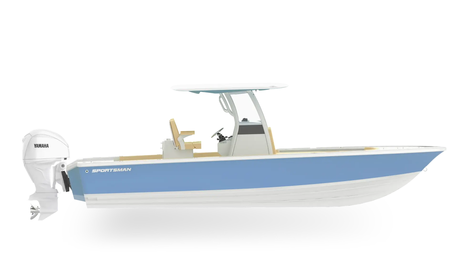 Blue and white Sportsman center console boat with Yamaha outboard motor on white background