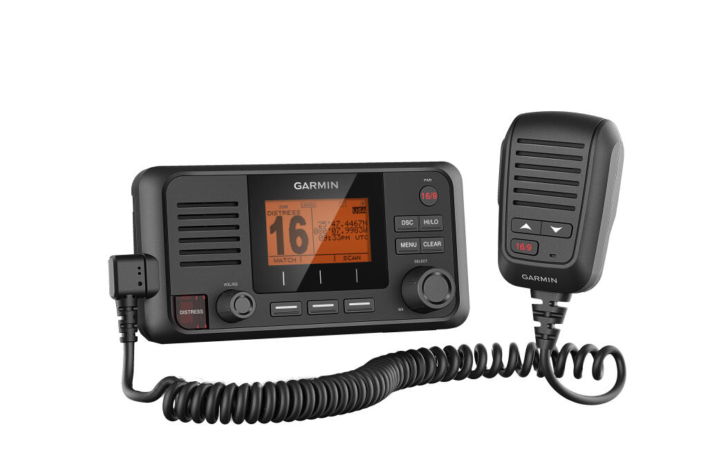 Garmin VHF 115 marine radio with orange display and microphone handset connected by coiled cable