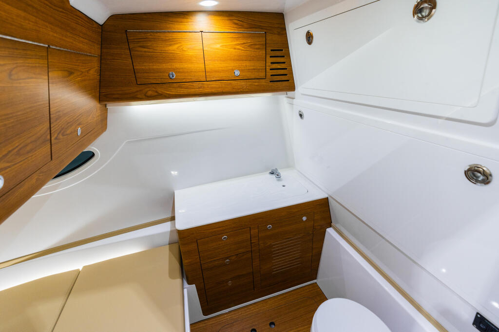 Cabin interior with wood cabinetry, white walls, sink with storage below, and overhead compartments with lighting