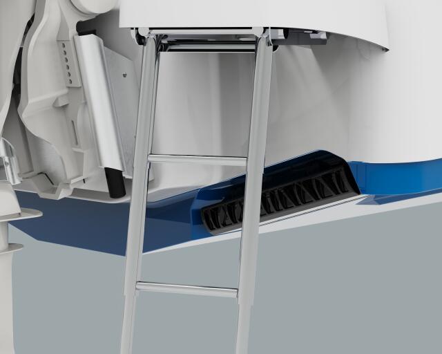 Boat's white aluminum ladder with blue accents providing access to the cabin roof and hard-top structure