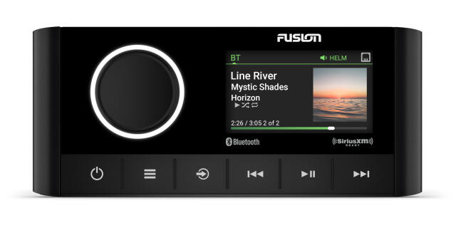 Fusion marine stereo system displaying audio controls and sunset playlist on integrated touchscreen display