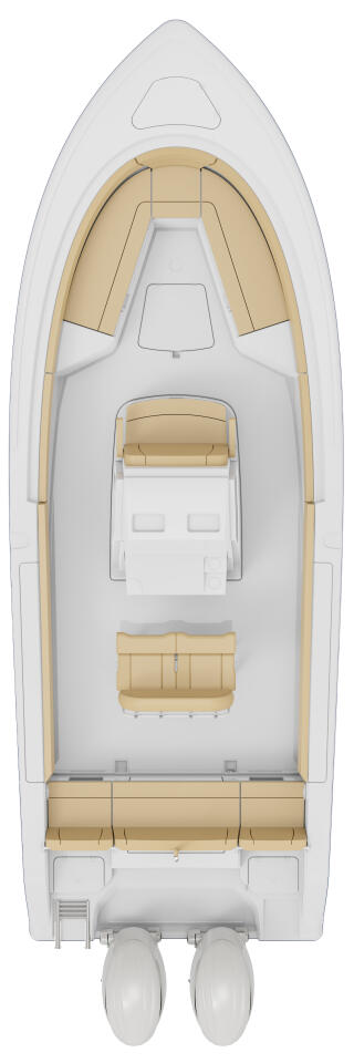 Overhead view of a center console boat with tan seating, white hull, and twin engines