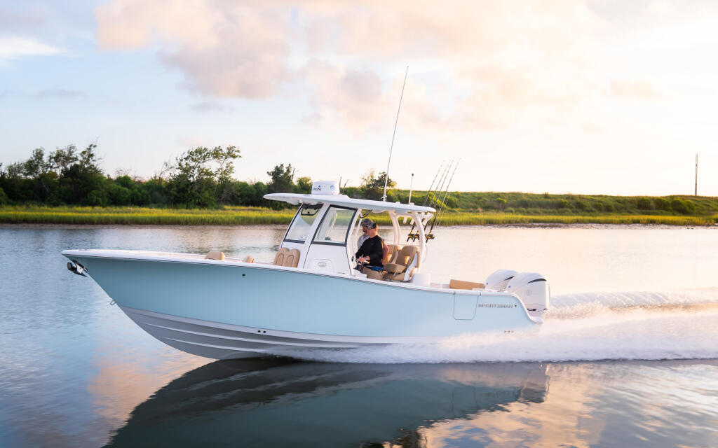 Center console fishing boat beached in shallow water with operator at helm, marsh landscape behind