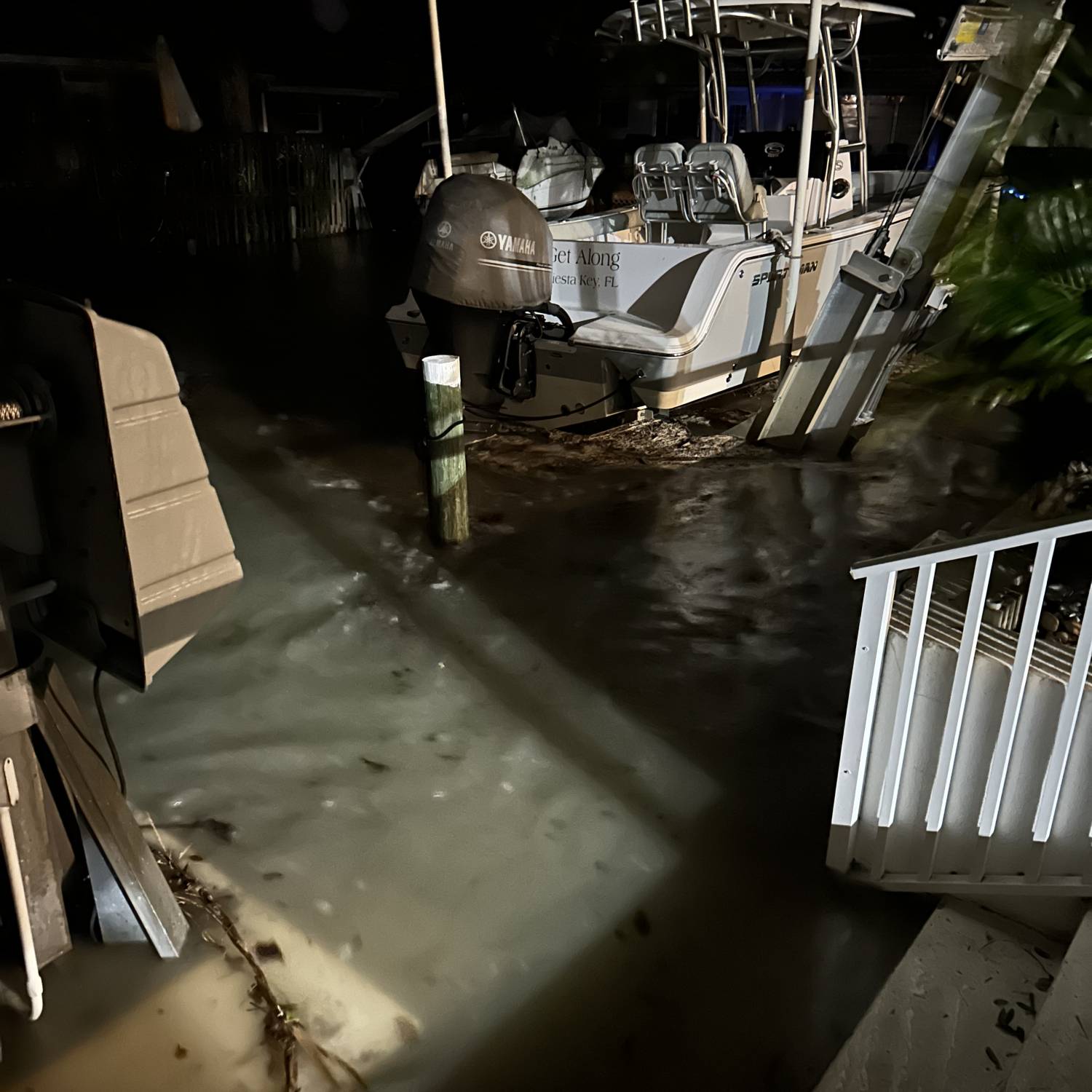 Rising storm water lifting my Sportsman off the lift from Helene on Siesta Key. The boat handles it like a...